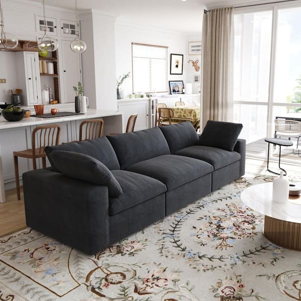 118 in. Square Arm 3-Piece Linen Modular Sectional Sofa Cloud Couch in Black