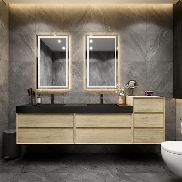 MIA 91 in. W x 20 in. D x 30 in. H Double Sink & Side Cabinet Bath Vanity in Teak Oak with Black Stainless Steel Top