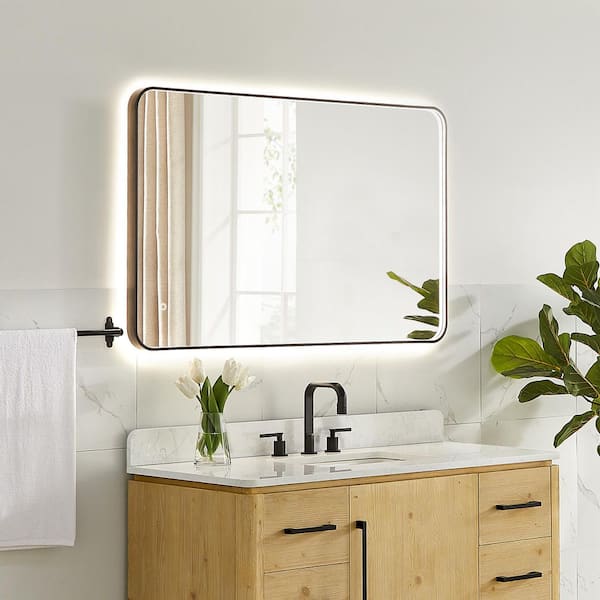 Dazzle 48 in.W x 30 in.H Rectangular Aluminum Framed LED Wall Mounted Bathroom Vanity Mirror in Matte Black
