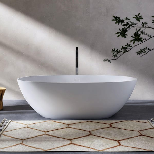 Moray 71 in. x 31 in. Solid Surface Stone Resin Freestanding Flat Bottom Soaking Bathtub in Matte White