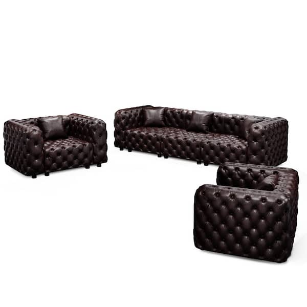 Modern Sofa Set 105.7 in. Wide Modular Faux Leather Tufted L-Shaped Sectional Sofa with 5 Pillows in Dark Brown