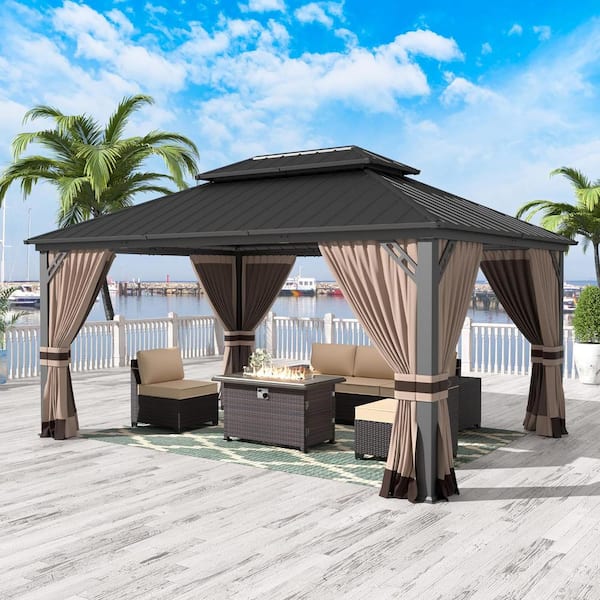 16 ft. x 12 ft. Gray Galvanized Metal Double Roof Hardtop Gazebo with Ceiling Hook, Mosquito Netting and Curtain Sand
