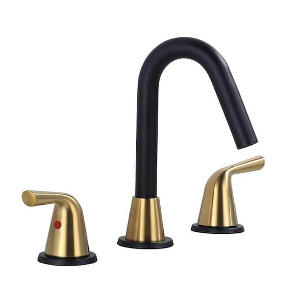 ALEASHA 8 in. Widespread Double Handle Bathroom Faucet with Drain Kit Included in Gold and Black