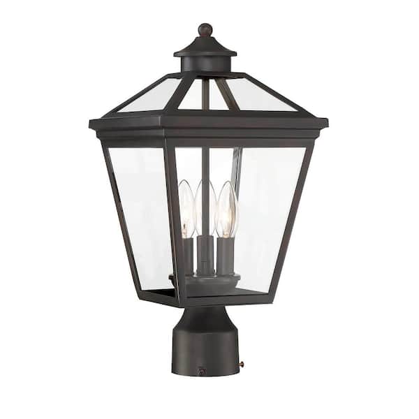 Savoy House Ellijay 9 in. W x 17.5 in. H 3-Light English Bronze Hardwired Deck Post Light with Clear Glass Panels