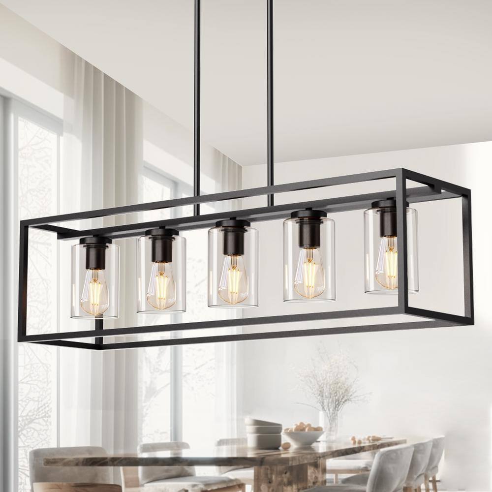 YANSUN 5-Light Dimmable Matte Black Linear Pendant Light Chandelier ...