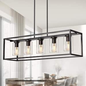 5-Light Dimmable Matte Black Linear Pendant Light Chandelier with Clear Glass Shade