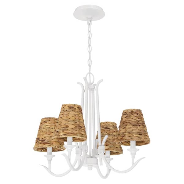 CRAFTMADE Kokomo 4 Light Matte White Finish Chandelier with Natural Sea Grass Shades for Kitchen Dining Foyer, No Bulb Included