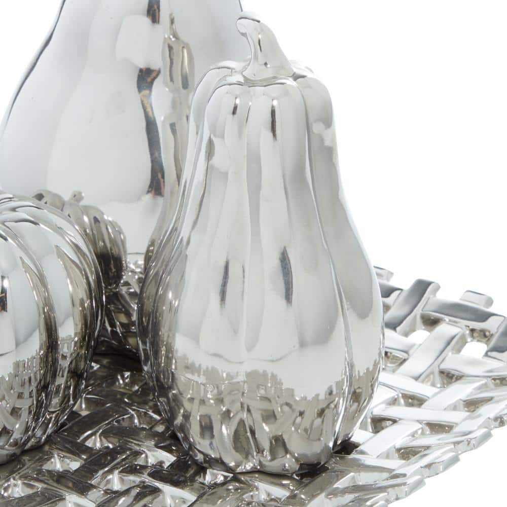 Silver Ceramic Fall Fruit Sculpture Set with Decorative Grid Plate