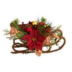 18 in. Unlit Christmas Sleigh with Poinsettia, Berries and Pinecone Artificial Arrangement with Ornaments