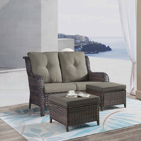 Opohoro ArcoBay 3-Piece Brown Wicker Outdoor Loveseats Patio Settees with Gray Cushions and Ottomans