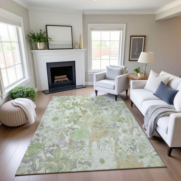 Mayfield Premium Machine Washable Abstract AMF1506 Aloe 5 ft. x 7 ft. 6 in. Area Rug