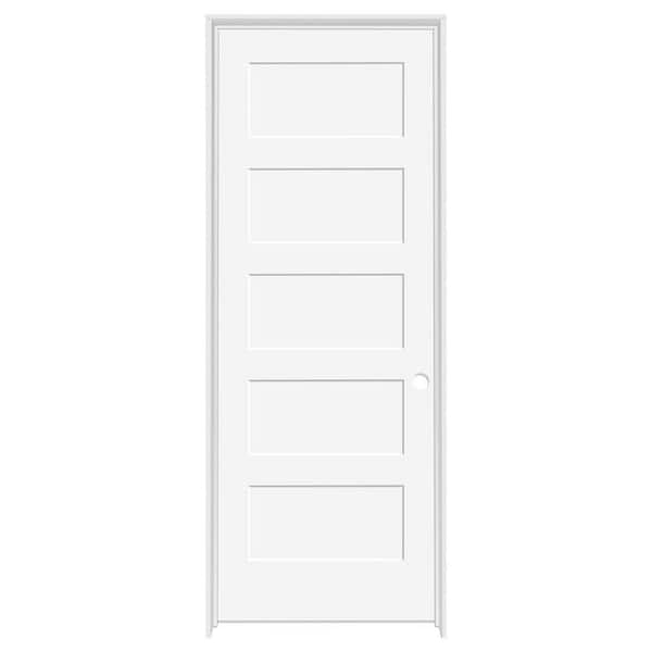 28 in. x 80 in. 5-Panel Shaker White Primed Left Hand Solid Core Wood Single Prehung Interior Door with Nickel Hinges