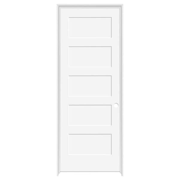 Steves & Sons 28 in. x 80 in. 5-Panel Shaker Left Hand Solid Core White Primed Wood Single Prehung Interior Door with Nickel Hinges