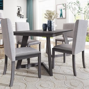 Gray 5-Piece Dining Set Wood Rectangular Table with 4-Linen Fabric Side Chair