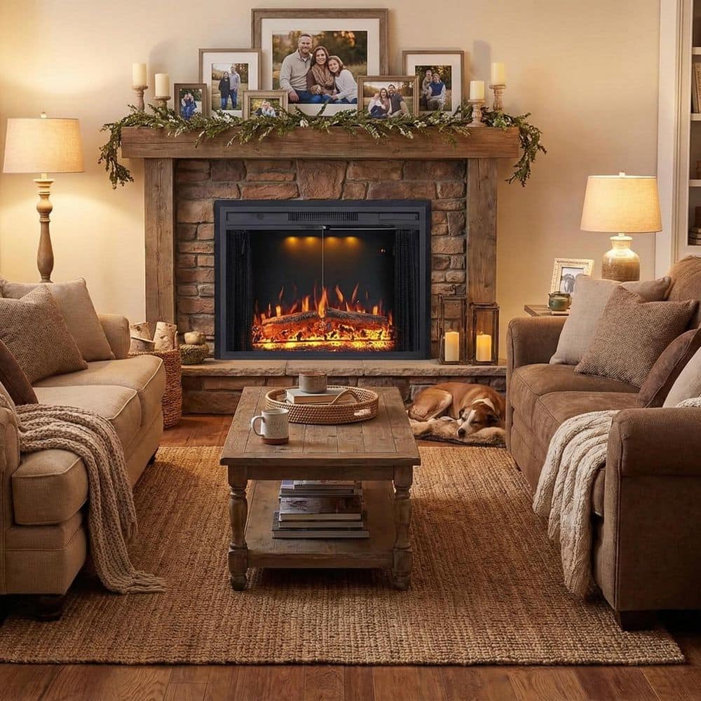 Modern 33 in. Electric Fireplace Insert, Dual Glass Doors with Curtains, 3-Color Top Lights, 5-Flame Levels price history on PriceWatchPro