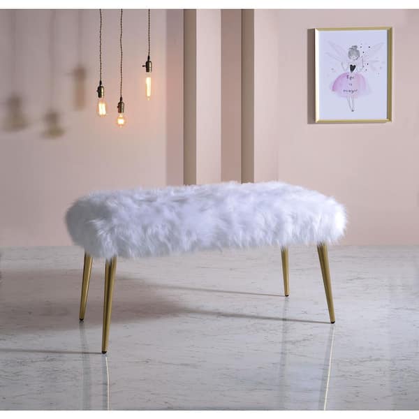 HomeRoots Amelia White 38 in. Faux Fur Bedroom Bench Backless Upholstered