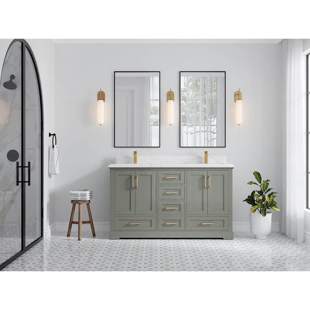 60" Evergreen Solid Wood Double Sink Bathroom Vanity with Empira Quartz Top