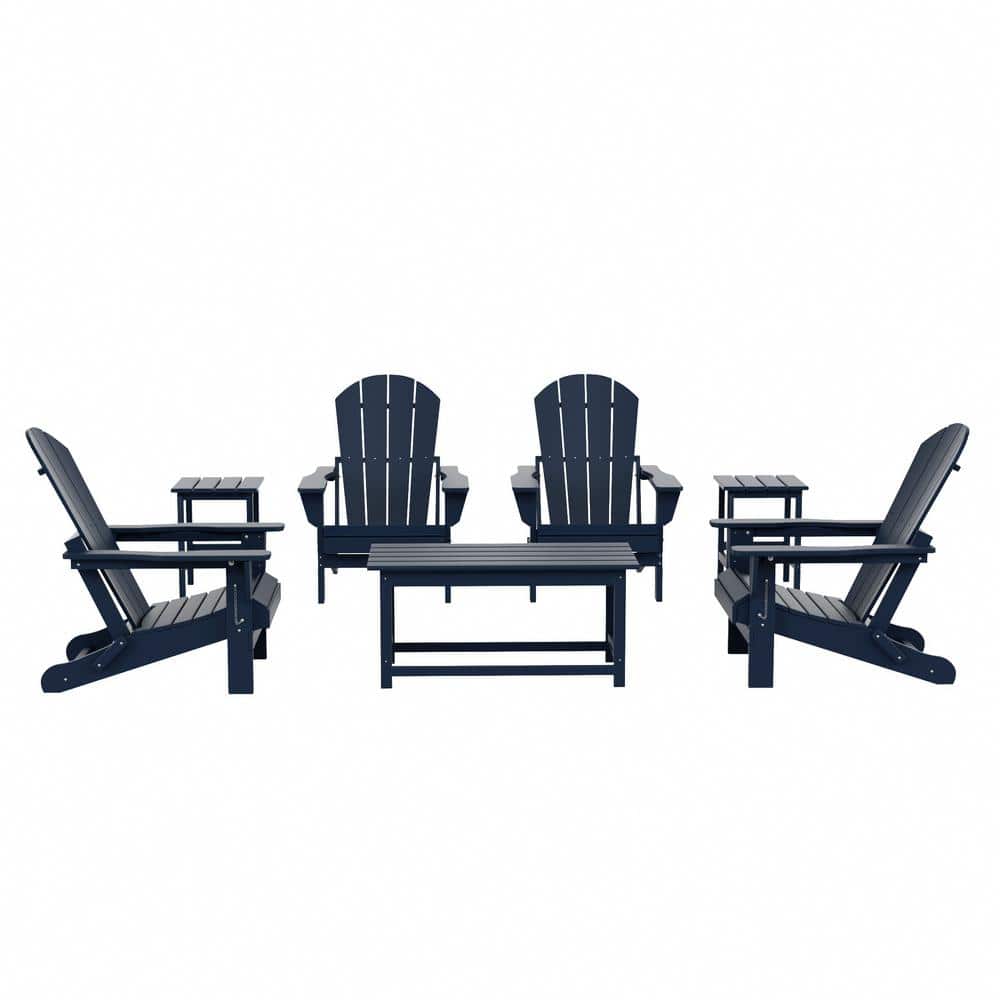 Navy Blue HDPE Plastic 7-Piece Adirondack Chair and Table Set