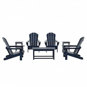 Laguna 7-Piece Fade Resistant Outdoor Patio HDPE Poly Plastic Folding Adirondack Chair Conversation Set in Navy Blue