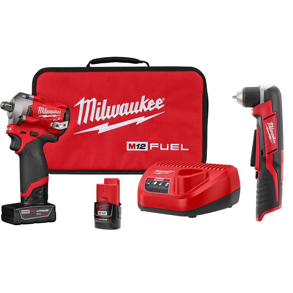 Milwaukee M12 FUEL 12V Lithium-Ion Brushless Cordless Stubby 1/2 in. Impact Wrench Kit with M12 3/8 in. Right Angle Drill 2555-22-2415-20 Sansujyuku sansujyuku.com