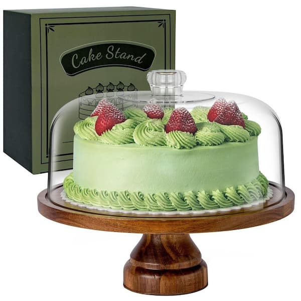 Brown 1-Tier Acacia Wood Cake Stand with Dome Lid, Cake Plate with Cover, Wooden Cake Display Stand with Acrylic Dome