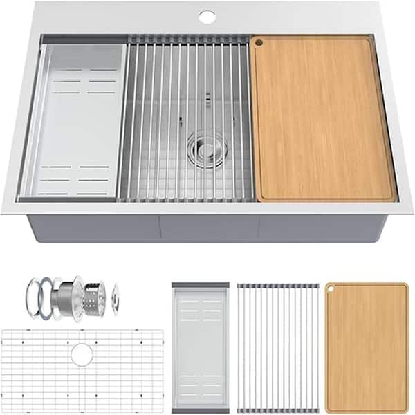 33 in. Single Bowl Drop in Stainless Steel Integrated Ledge Multifunctional Workstation Sink Set in Silver