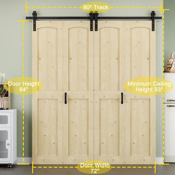 72 in. x 84 in. Paneled H Shape Solid Pine Wood Unfished Bi-fold Sliding Barn Door with Hardware Kit and Headerboard