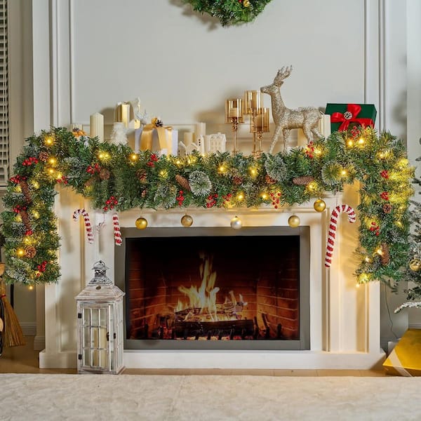 Indoor/Outdoor Pre-lit Plug in 9 ft. Pine Artificial Garland with Warm White LED Lights