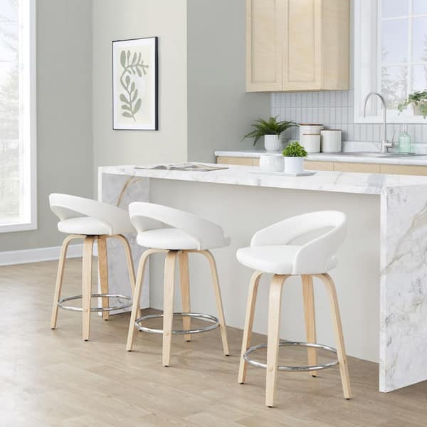 Grotto Upholstered 24 in. Natural Wood and White Faux Leather Fixed-Height Counter Stool (Set of 2)