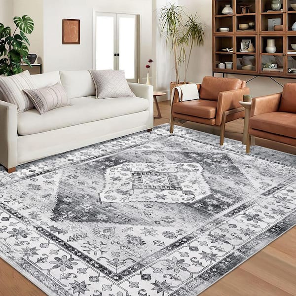 Vintage Carpet Gray 5 ft.x7 ft. Machine Washable Printed Deferred Short Pile Non-Slip Rug Soft Foldable Indoor Area Rug