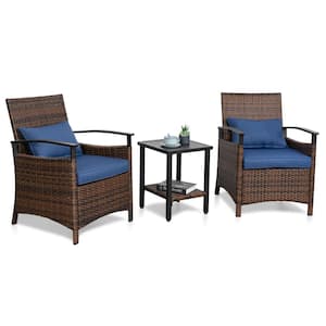 Brown 3-Piece Outdoor Wicker Patio Conversation Set Storage Side Table & Wicker Chairs Set with Blue Cushions