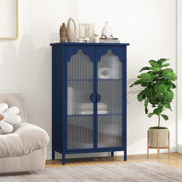 Unbranded 25.99 in. W x 13.39 in. D x 42.72 in. H Ready to Assemble Floor Kitchen Cabinet in Blue with Glass Doors