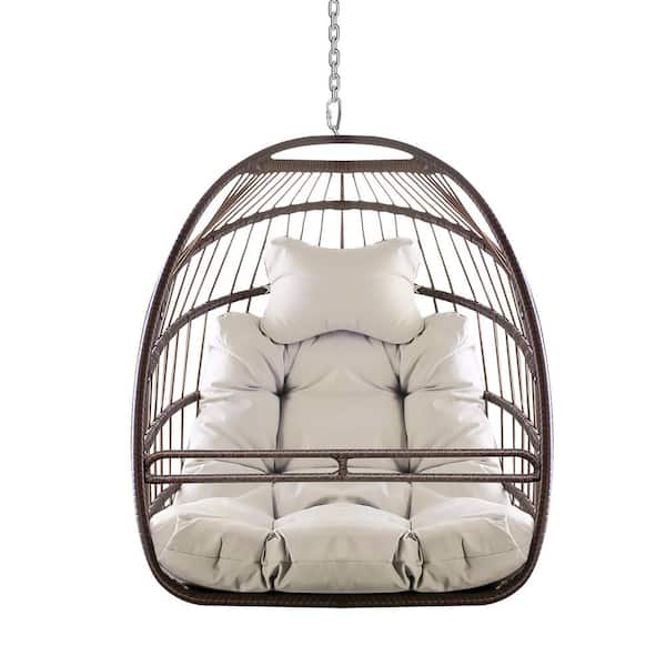 Unbranded "Metal Patio Swing Foldable Frame Hammock Egg Chair with Beige Brown UV Resistant Cushion"