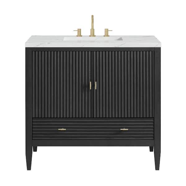 James Martin Vanities Myrrin 36.0 in. W x 23.5 in. D x 34.06 in. H Single Bathroom Vanity Carbon Oak and Ethereal Noctis Quartz Top