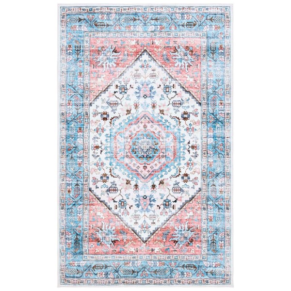 SAFAVIEH Washable Printed Rug Turquoise/Red  5 ft. x 8 ft. Machine Washable Distressed Border Area Rug
