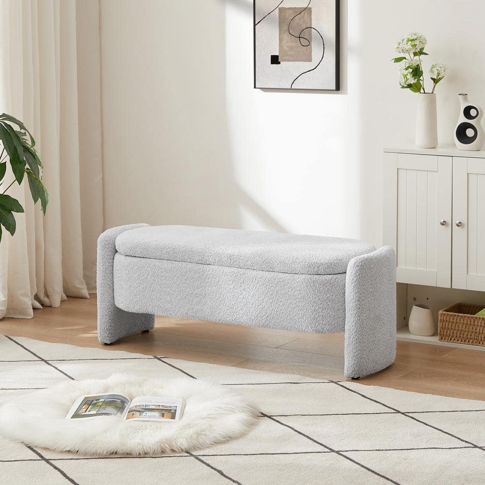 Gray 47 in. 3D Lamb Fleece Fabric Bedroom Bench Upholstered Ottoman with La