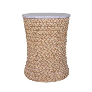 Natural Faux Woven Braided Side Table/Storage with White Composite Top