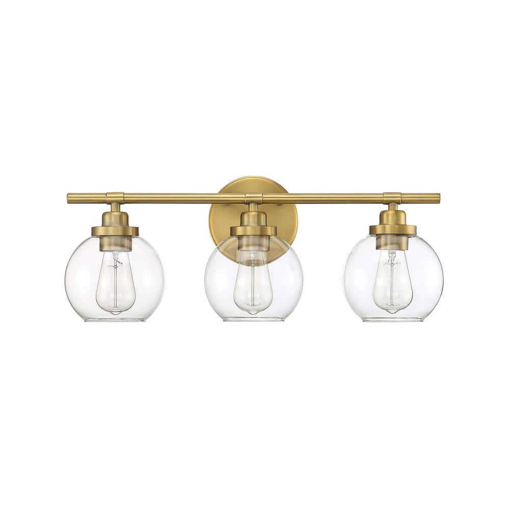 Mid-Century Modern Warm Brass 3-Light Vanity Bar with Clear Glass Shades