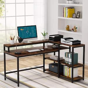 Lanita 55 in. L-Shaped Reversible Rustic Brown Computer Writing Desk with Shelves and Monitor Stand