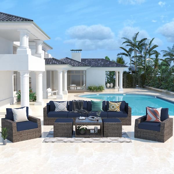 JEAREY 9-Piece Wicker Outdoor Patio Conversation Seating Set with Navy Olefin Cushions