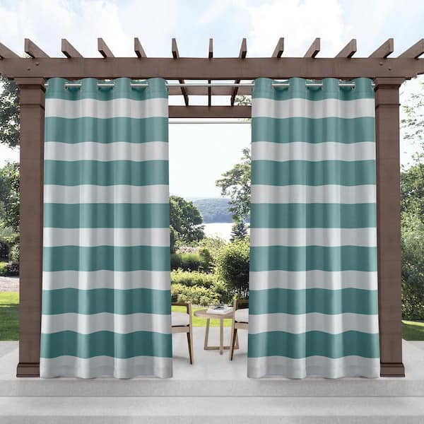 EXCLUSIVE HOME Cabana Stripe Teal Stripe Light Filtering Grommet Top Indoor/Outdoor Curtain Panel, 54 in. W x 120 in. L (Set of 2)