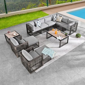 12-Piece Wicker Patio Conversation Sectional Seating Set with Gray Cushions