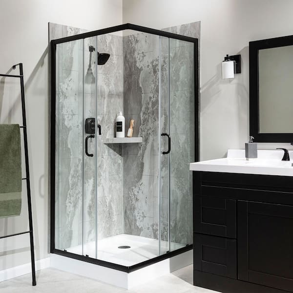 36 in. x 78 in. 2-Piece Glue-Up Corner Shower Wall, Shelf, Trim Kit in Smoky Sky
