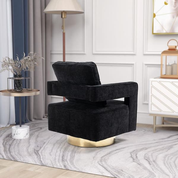 ANBAZAR Black Accent Velvet Sofa Chair/Open Back Chair Removable Tufted Cushion Armchair with Pillow Gold Stainless Steel Base