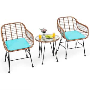 3-Piece Wicker Outdoor Patio Conversation Seating Set with Turquoise Cushions