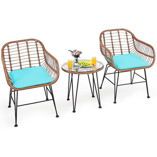 Alpulon 3-Piece Wicker Outdoor Patio Conversation Seating Set with Turquoise Cushions