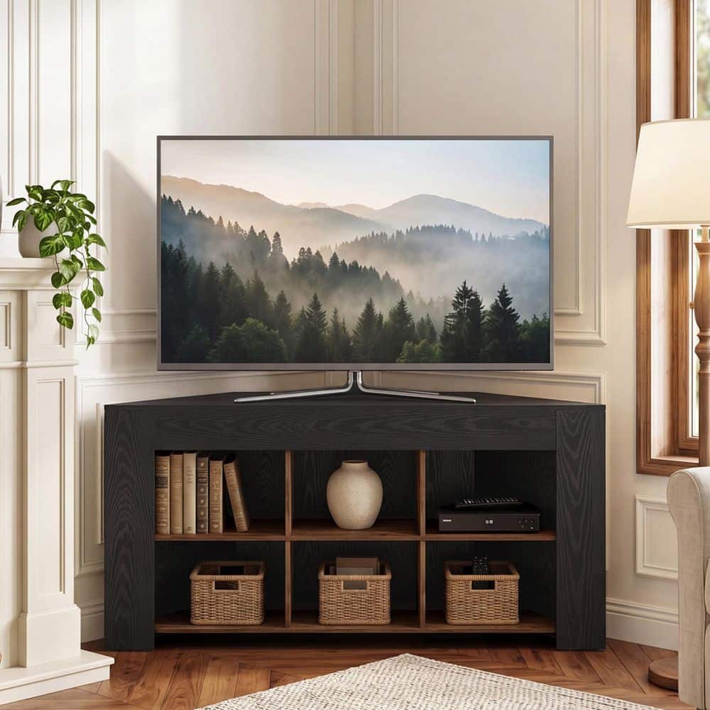 Ezlynn 59.06 in. Black Corner TV Stand Fits TVs up to 65 in. with 6 Open Storage Cubes