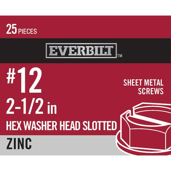 Everbilt #12 x 2-1/2 in. Slotted Hex Head Zinc Plated Sheet Metal Screw (25-Pack)