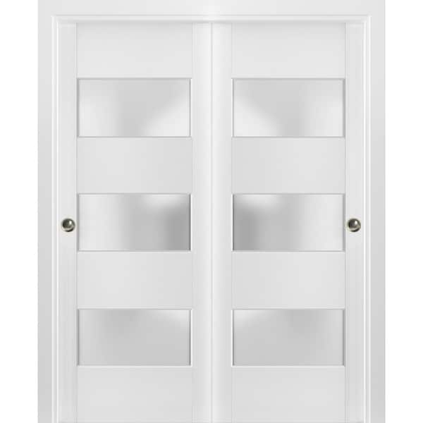 Sartodoors 4070 56 in. x 80 in. 3 Panel White Finished Pine Wood Sliding Door with Bypass Closet Hardware