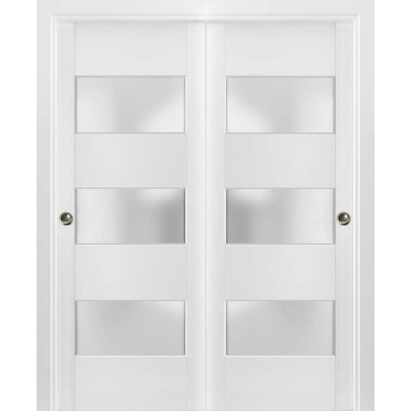Assembly Required 64 in. x 80 in. 3-Panel White Finished Pine Wood Sliding Door with Bypass Closet Hardware
